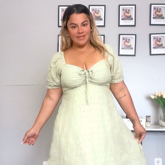 Floral Linen Blend Square Neckline Dress Green plus size NEW 2026 - Picture 5 of 13